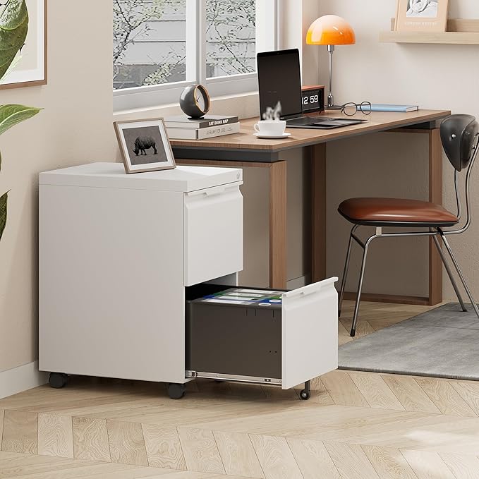 LONGLINK 2 Drawer Mobile File Cabinet with Lock,Under Desk Metal Filing Cabinets with Wheels for Home Office Organizer Letters/Legal/A4(Easy Assemble-White)