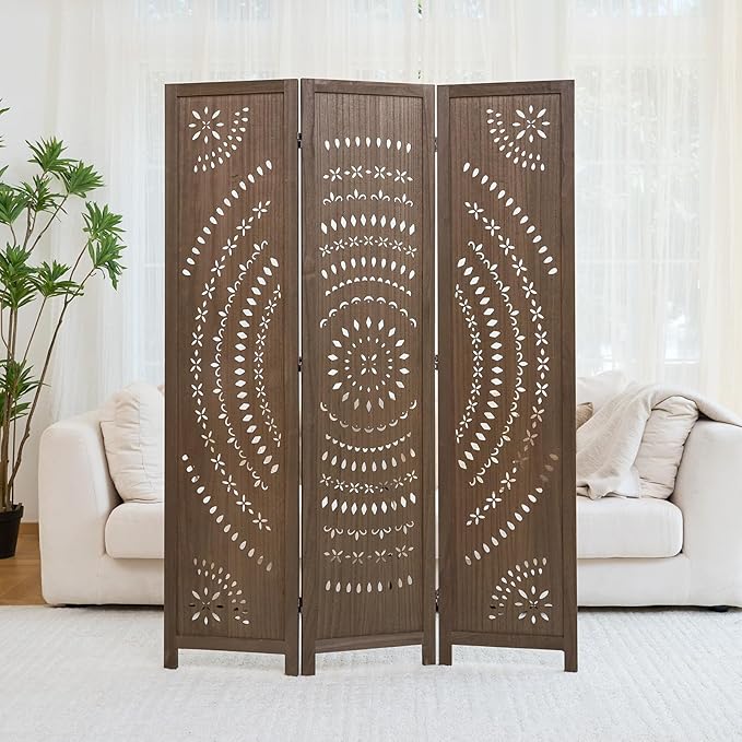 66.9Inch Folding Room Divider, 3 Panels Wood Carved Privacy Screens, Free Assembled Freestanding Partition for Home Office Restaurant Bedroom (Brown)