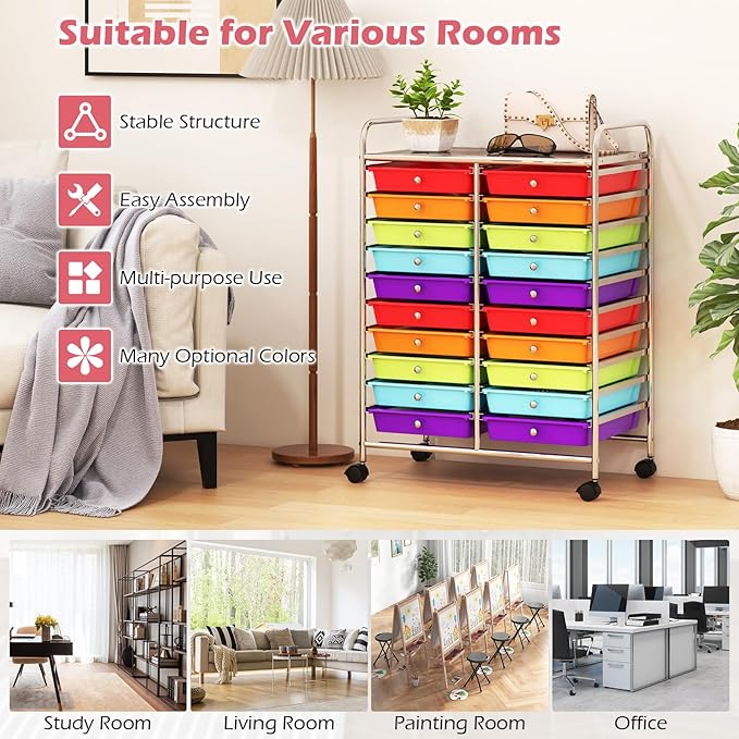 Happygrill 20-Drawer Organizer Cart Tools, Mobile Utility Storage Cart with Removable Drawers & Lockable Wheels, Rolling Storage Cart with wheels for Home Office School(Multicolor)