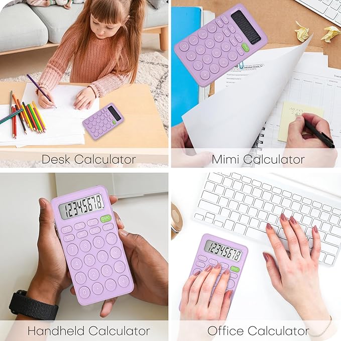 Cute Calculator, Basic Four Function for Teachers Students Basics Office, Small Handheld Calculators, 8 Digit with LCD Display, Sensitive Button, 5.5×3.2 inches Purple
