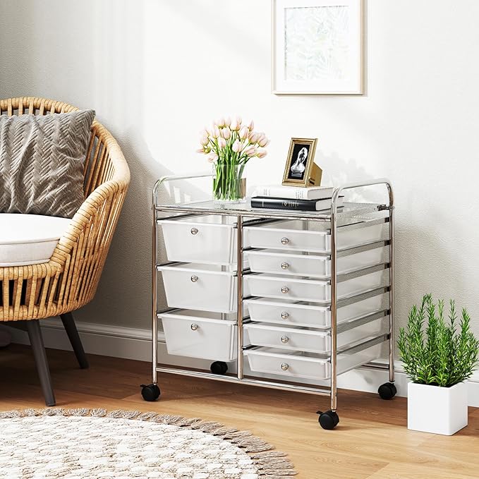 GOFLAME 9-Drawer Rolling Storage Cart, Mobile Utility Cart with Removable Drawers & Metal Frame, Art Craft Organizer Cart with Lockable Wheels, Storage Drawer Cart for Home Office, School, Clear