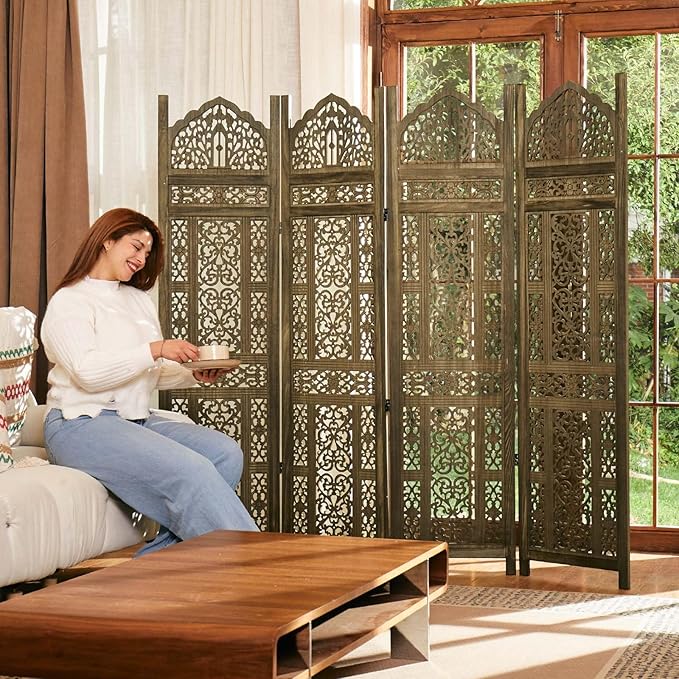 5.75Ft Room Divider Wood Screen, 33Lbs Durable Antiqued Style MDF Carved Headboard, Reversible Freestanding Folding Partition Paravent for Home Terrace, 69 * 71 inch(H*W) - 4 Panels (Antique Brown)