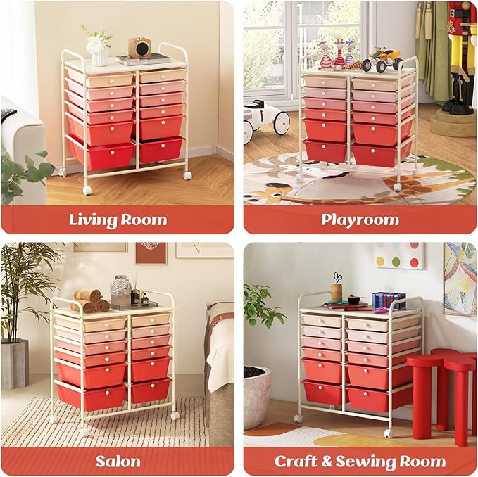 LDAILY 12 Drawer Rolling Storage Cart, Craft Cart Organizer on Wheels w/Metal Frame, Large Capacity & Smooth Drawer, Rolling Cart w/Drawers for Classroom, Office