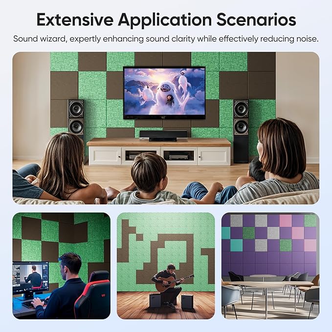 UNECHO 12 Pack 12" X 12" X 0.4" Acoustic Panels for Wall Sound Absorbing, Square Self-Adhesive Sound Panel, High Density Suitable for Multiple Scenarios(Forest Green)