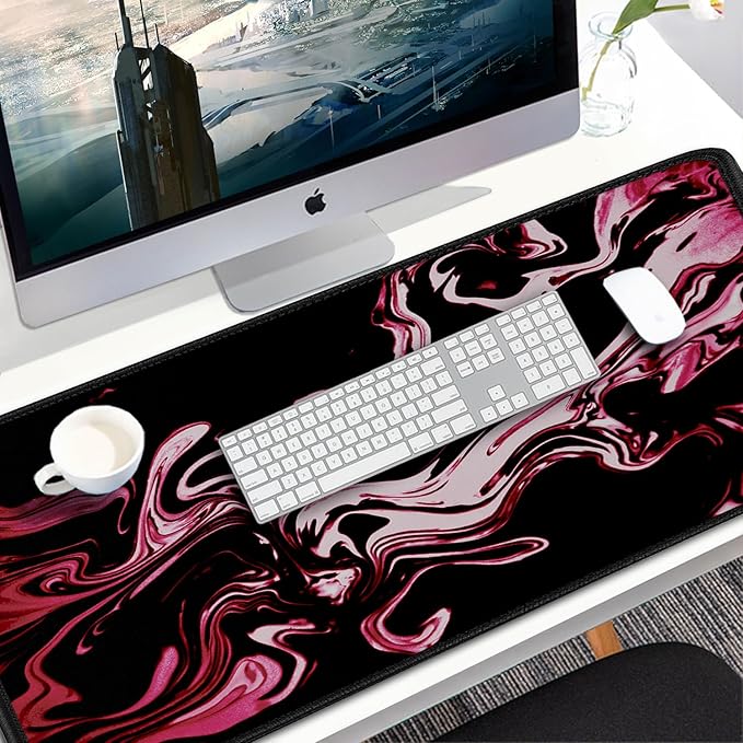 Gaming Mouse Pad, 31.5x15.7 inch Large Extended Computer Keyboard Mouse Mat, Water Resist Non-Slip Mousepad Rubber Base Long XXL Desk Mouse Pad for Gaming, Office & Home, Marble Red
