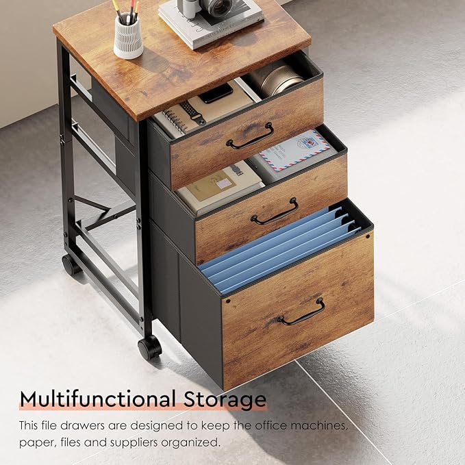 Maihail 3 Drawer Mobile File Cabinet with Wheels Fabric Vertical Filing Cabinet fits A4 or Letter Size for Home Office,Rustic Brown2