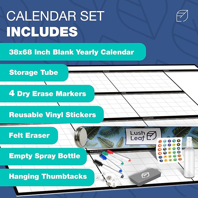 Large Dry Erase Calendar for Wall, 38" x 68" - Undated, Yearly, Reusable - Full 12 Month Year - Includes Markers, Eraser & Accessories