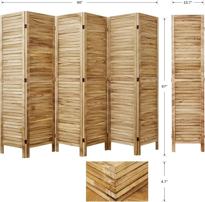 Room Dividers and Folding Privacy Screens, Wood Louvered Separators Divider Wall for Home Office Bedroom - 6 Panels, 67 * 90inch (Wood)