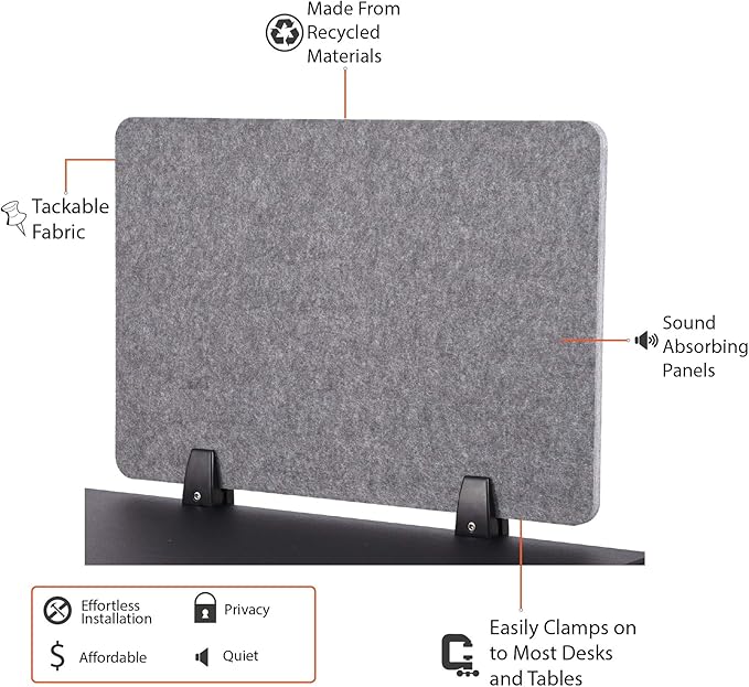 ReFocus™ Raw Clamp-On Acoustic Desk Divider – Reduce Noise and Visual Distractions with This Lightweight Desk Mounted Privacy Panel (Castle Gray, 59" x 16", 23.6" x 16", & 23.6" x 16")