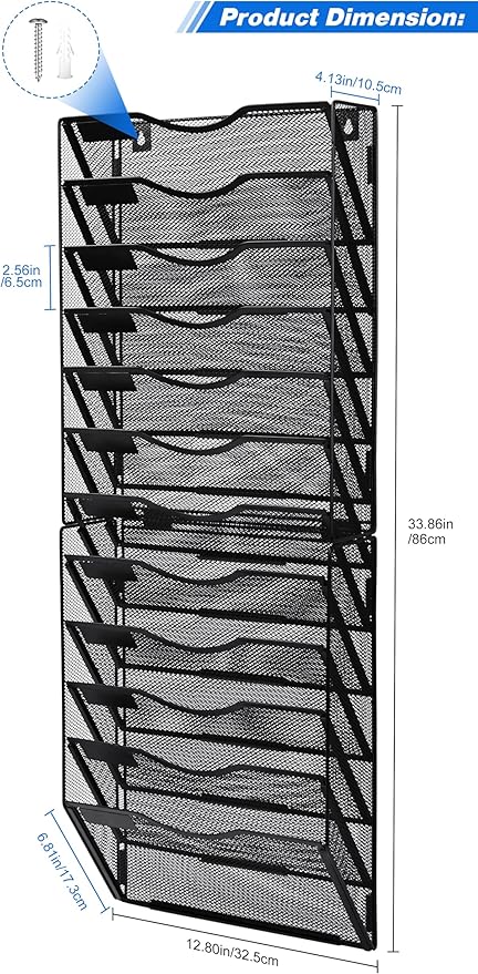 Solinxe Wall File Holder, 12 Pockets Hanging File Folder, Paper Organizer Storage, Document Rack, Mail Holder, Magazine Rack, Wall Organizer for Office, Black