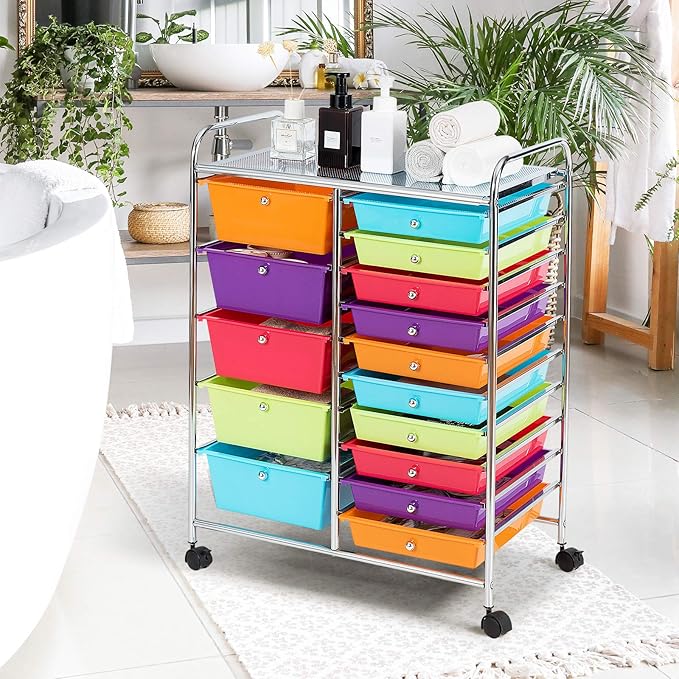 GOFLAME 15-Drawer Rolling Storage Cart, Craft Storage Cart with Removable Drawers & Lockable Wheels, Art Cart Supply Storage Organizer for Home Office Classroom, Multicolor