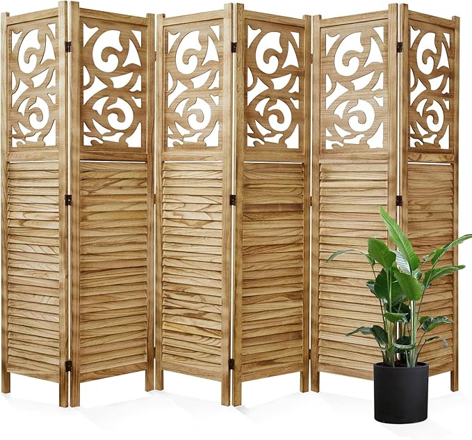Room Divider Wood Carved Wall Divider Indoor Folding Portable Partition Screen for Home Office Garden Terrace - 6 Panel, 67 * 90inch (Wood)