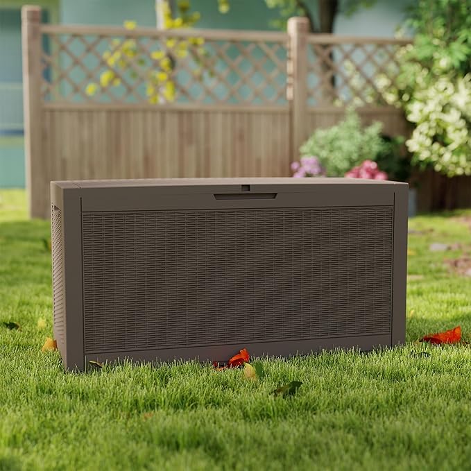 Yardgrace 100 Gallon Outdoor Storage Box Waterproof, Resin Deck Boxes with Lockable Lid & UV-Resistant for Patio, Pool, Garden Furniture Cushions & Accessories, Coffee