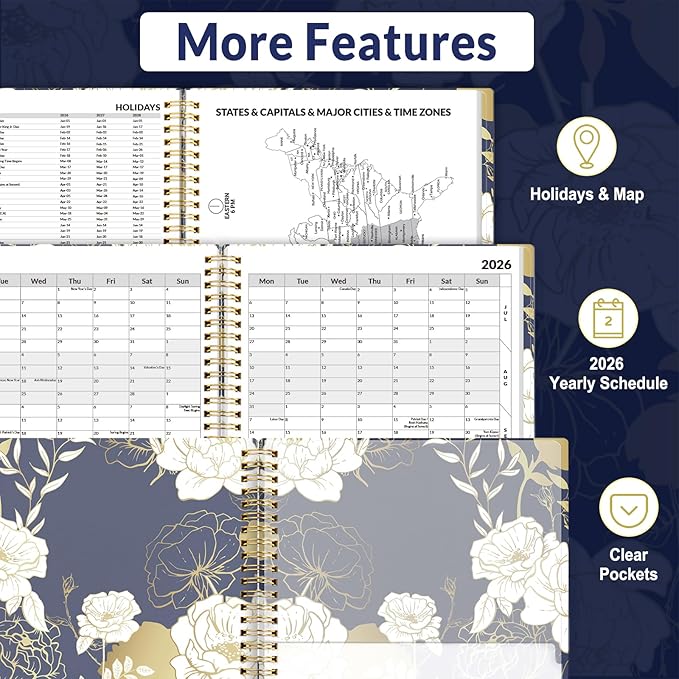 SUNEE 2026 Appointment Book, Quarter-Hourly, Weekly & Monthly - from January 2026 - December 2026, 8.5"x11" Weekly Planner, Flexible Cover, Note Pages, Pockets, Bookmark, Spiral Binding, Dark Blue