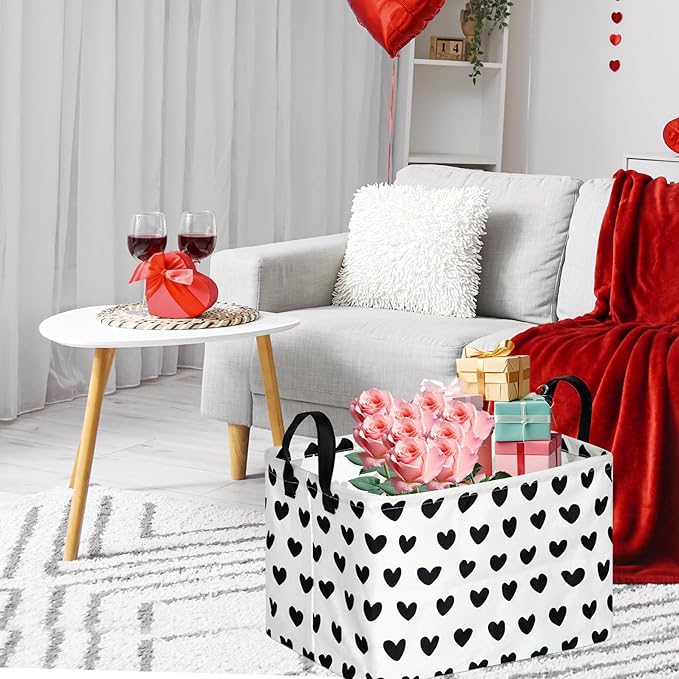 FUULOXE Rectangular Valentines Basket Storage Bin for Shelves Girls Gifts Baskets Foldable Box with Handles for Home Office Car Dormroom Valentine's Day Party Supplies