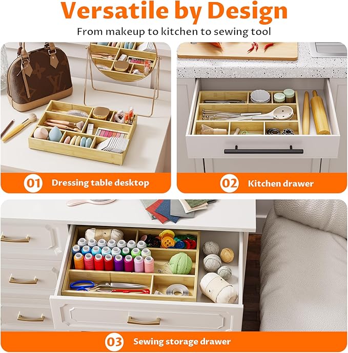 VA1KENE Bamboo Drawer Organizer with 9 Adjustable Compartments, Office Desk Organization Tray for Office Utensils, Supplies, Makeup, Jewelry, and More – Ideal for Desk or Drawer Storage