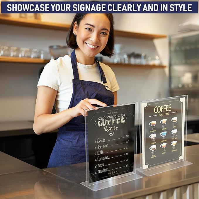 Acrylic Sign Holder 8.5 x 11, T-Shape Tabletop Display Stand, Double-Sided Bottom Load Portrait Frame, Menu and Ad Holder for Restaurants, Promotions, Photos, or Classrooms, Durable Design (3 Pack)