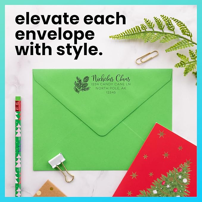 ExcelMark Address Stamp - Custom Return Address Stamp with Elegant Designs, Vibrant Colors & Patterns – Perfect for Mail, Invitations & Gifts (Holiday)