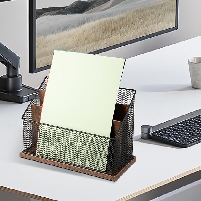 ASIFMTHOT 3-Tier Vertical File Storage with Retro Wooden Desk Mail Organizer and Metal Mesh Desktop Organizer for Home Office