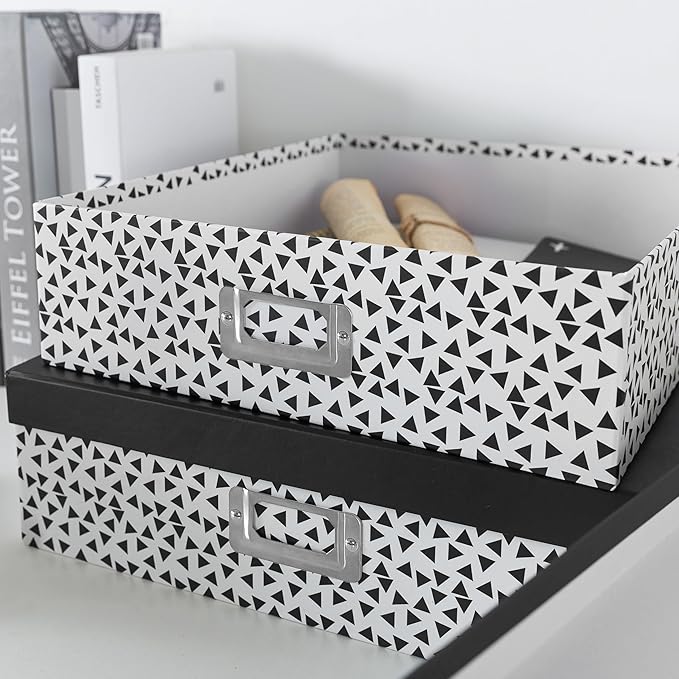 Soul & Lane Decorative Storage Boxes With Lids, Set of 3 Nesting Black and White Letter and Document Box Set for Photos, Scrapbooks, Keepsakes (Whimsical Triangles)