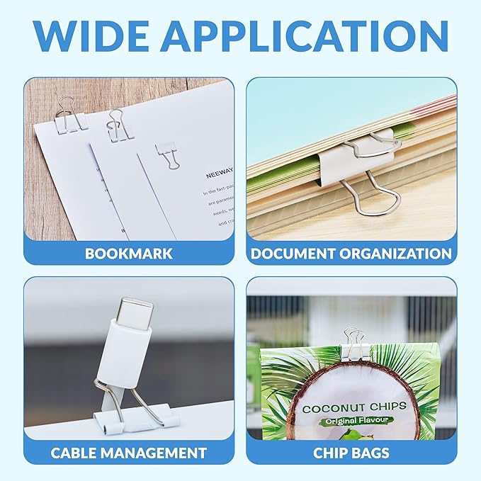 NEEWAY 100 Count Binder Clips Assorted Sizes, Paper Binder Clips (0.6inch 0.75inch 1inch), Metal Paper Clamps for Office and Home (White)