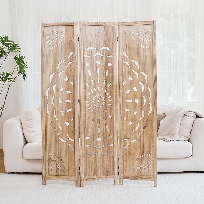 66.9Inch Wooden Room Partition - 3 Panels Boho-Styled Space Room Divider for Home/Office, Headboard & Yoga/Photo/Video Call Backdrop (Natural)