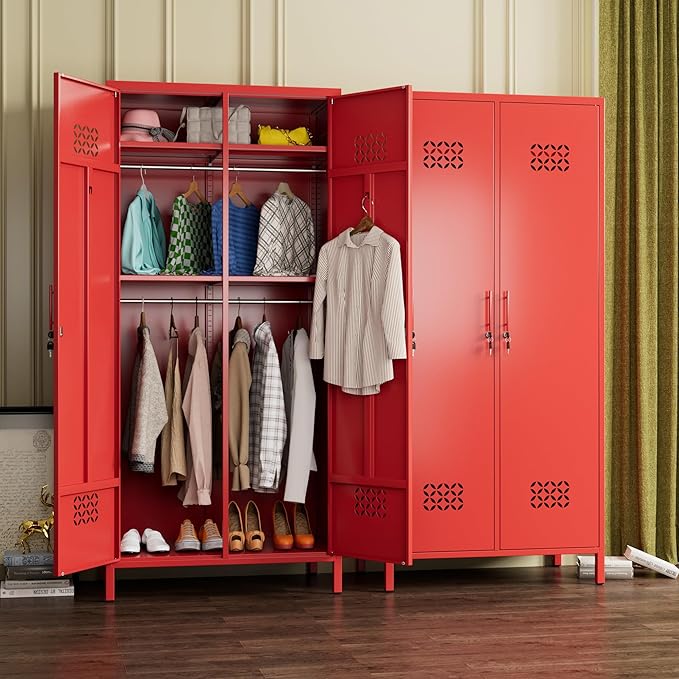 SUPEER 2 Doors Metal Storage Locker with Adjustable Shelves and 2 Hanging Rods, Metal Wardrobe Cabinet with Lock,Wardrobe Lockers for Home,Office,Assembly Required,Red