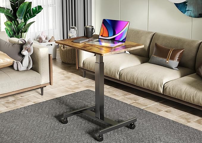 YDN Mobile Mobile Standing Desk with Lockable Wheels, Adjustable Height Portable Laptop Desk, 25.5" x 18.8" Rolling Desk with Hook for Computer Workstation, Rustic Brown