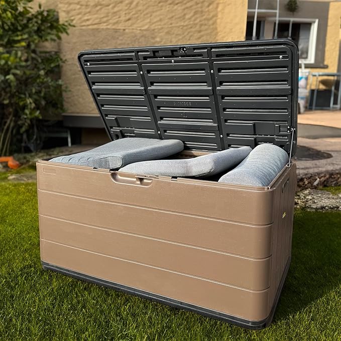 TARKARI Premium Pro Edition 100 Gallon Lockable Resin Deck Box, Waterproof & UV-Resistant Outdoor Storage Box for Outdoor Cushion Storage, Garden Tools & Pool Accessories Storage, Brown