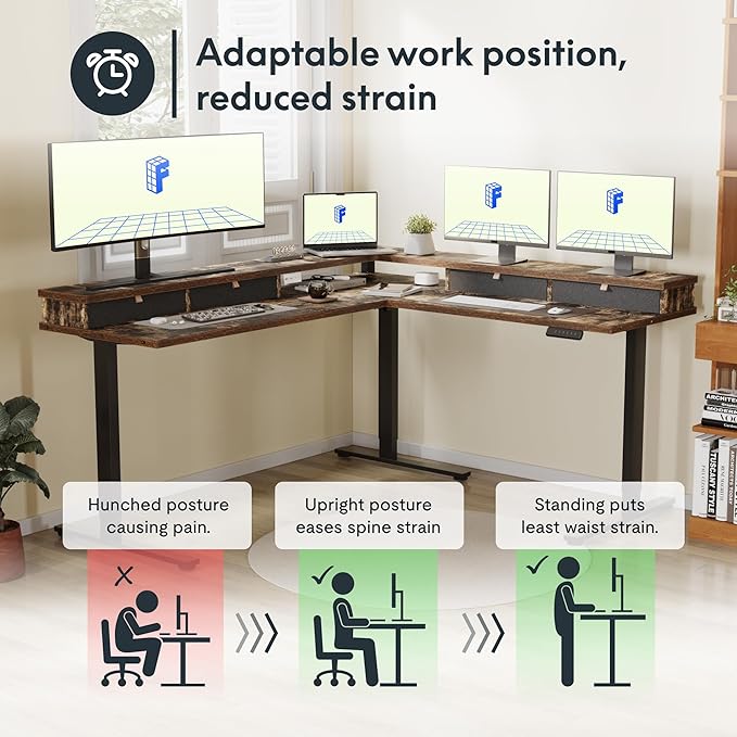 FLEXISPOT 71'' L Shaped Standing Desk Electric Corner Table with Shelf, 4 Storage Drawers, Adjustable Computer Workstation for Home, Office, Game, Studio, Rustic Brown Top + Black Frame