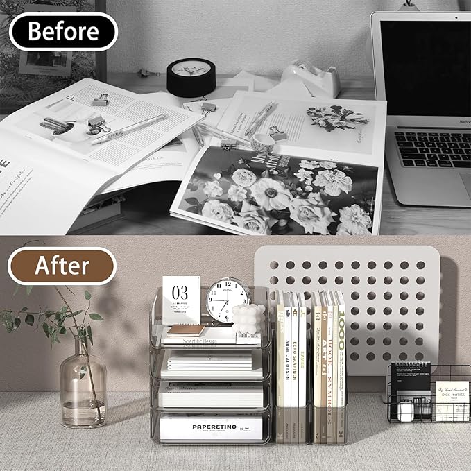 Clear Paper Organizer with Movable Bookends, Brown Acrylic Stackable Paper Tray for Desk, 4-Tier Letter Tray Organizer Office Supplies