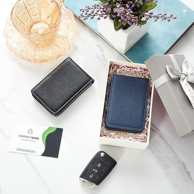 Outus 2 Pieces Business Card Holder, PU Leather Business Card Case Pocket Wallet with Magnetic Shut for Christmas Gift Men Women(Black, Blue,Classic)