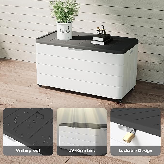 PATIOEASY 100GAL Square Storage Box (With Wheels) White,Waterproof Resin Storage Bin for Patio Cushions,Accessories,UV Resistan