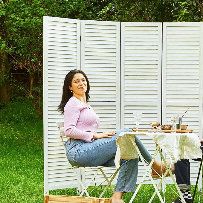 Room Dividers and Folding Privacy Screens, Wood Louvered Separators Divider Wall for Home Office Bedroom - 4 Panels, 67 * 60inch (White-Washed)