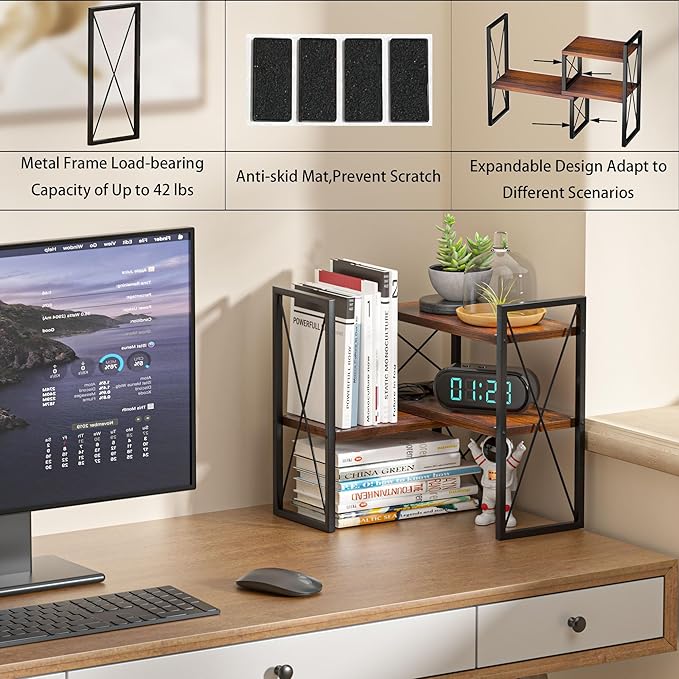 Yelinkws Desktop Shelf Organizer,Small Bookshelf for Office,Wood Desk Top Shelves, Office Organization and Storage (Brown)