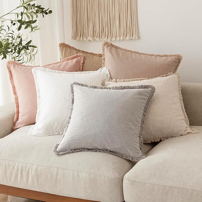 Foindtower Set of 2 Decorative Linen Fringe Throw Pillow Covers Boho Farmhouse Cushion Cover with Tassels Soft Accent Pillowcase for Couch Chair Sofa Bed Living Room Home Decor,18×18 Inch,Light Pink