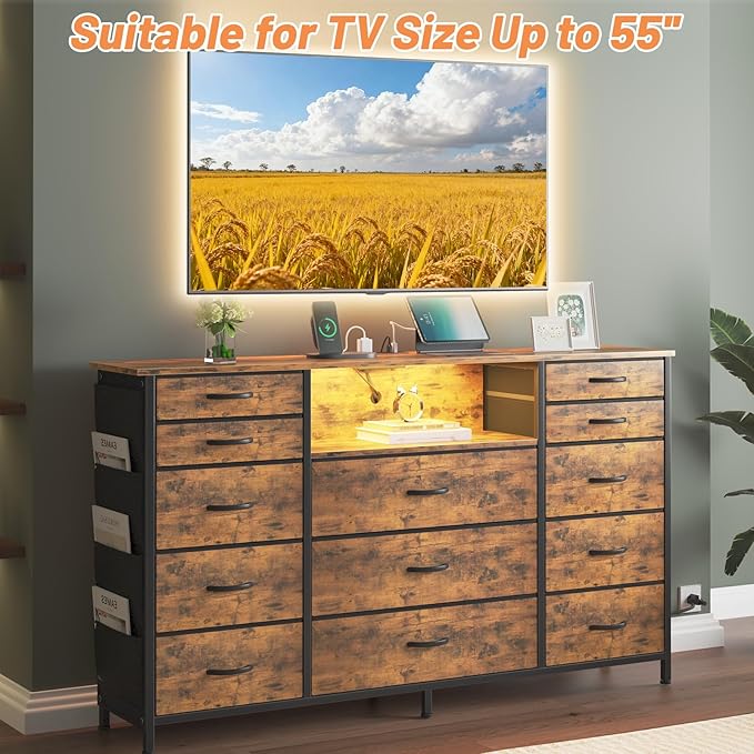 HCHQHS 47 Inch Dresser for Bedroom with 13 Drawers,Side Pockets Hooks and Lights with Remote Control,Hallway,Closet,Kitchen,Large TV Stand (Rustic Brown)