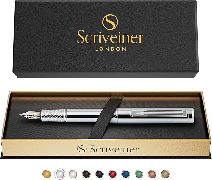 Scriveiner Silver Chrome Fountain Pen (Medium), Award Winning Luxury Pen, Heavy Pocket Pen, Chrome Finish, Schmidt Nib, Converter, Best EDC Writing Pen Gift Set for Men & Women, Nice Office Fancy Pen