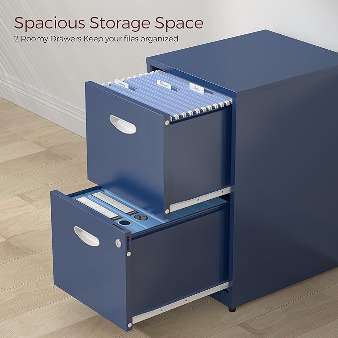 Kubohogar 2 Drawer File Cabinet with Lock,Blue Metal Filing Cabinets,Vertical Locking File Cabinet Fit Hanging Files, Letter,File Box and A4 Documents