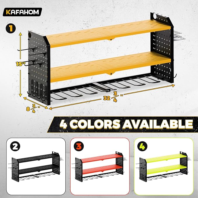 KAFAHOM Power Tool Organizer,Large 8 Drill Holder Wall Mount ,Heavy Duty Metal Tool Shelf with 12 Hooks Storage Rack for Garage Organization,Utility Cordless Drill Holder and Battery Shelves