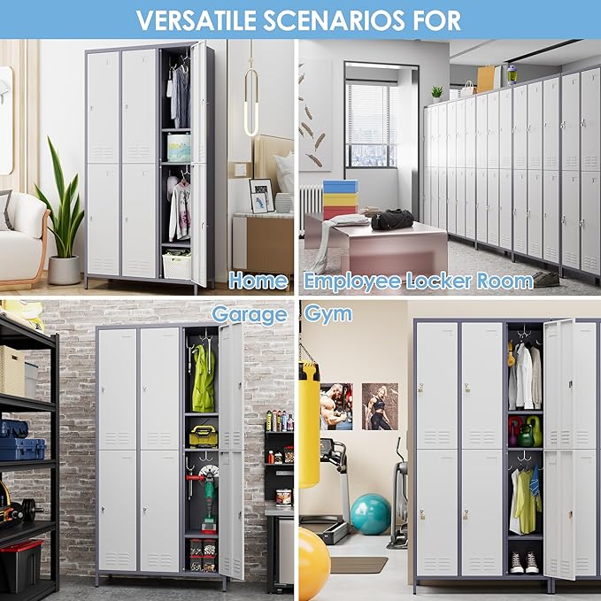 SUPEER 6 Doors Metal Locker for Employees with 18 Hooks and Business Card Holder,Metal Locker with Ventilation Holes for School Garage Office Gym Home,Assembly Required,Grey-White