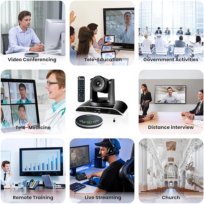 TONGVEO 10x Zoom Conference Room Video Camera System, All-in-One HD 1080P 60fps 10X Optical Zoom USB3.0 HDMI PTZ Camera and Bluetooth Conference Speaker with Microphones Bundle for Medium Room