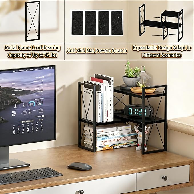 Yelinkws Desktop Shelf Organizer,Small Bookshelf for Office,Wood Desk Top Shelves, Office Organization and Storage (Black)