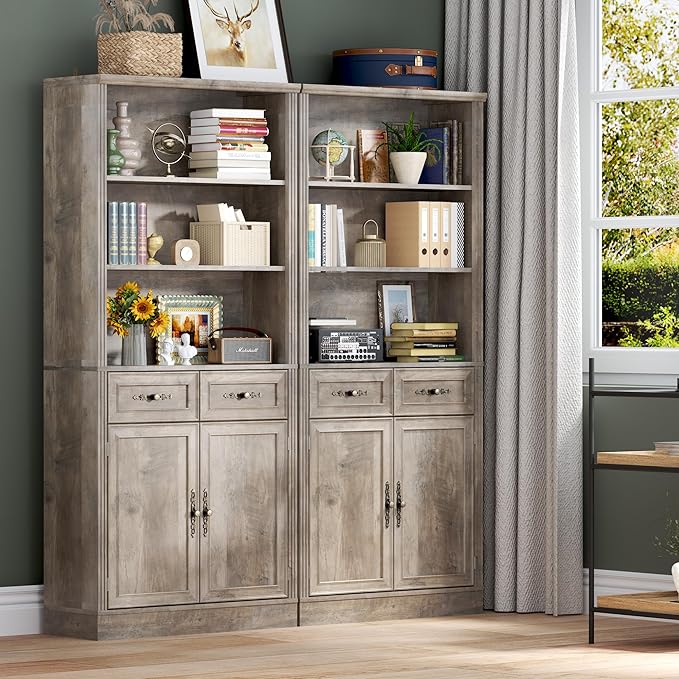 BORNOON 71.4" Tall Bookshelf with Drawers & Cabinet, 5-Tier Floor Standing Bookcase with Storage Doors, Adjustable Shelves & Metal Handles, 31.5" Wide Organizer for Home Office, Living Room