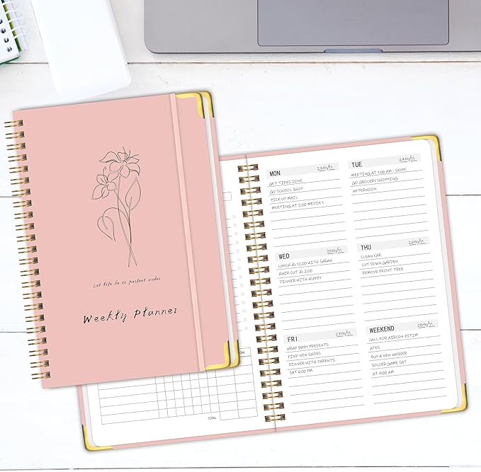 Undated Weekly Planner with Metal Corner Hardcover Notebook , A5 Size Journal with To Do List Planner, Habit Tracker,Weekly Goals for ADHD,Student, Office, Women, Men ,Gifts,6 x 8 inches,Spiral Bindding ,Pink