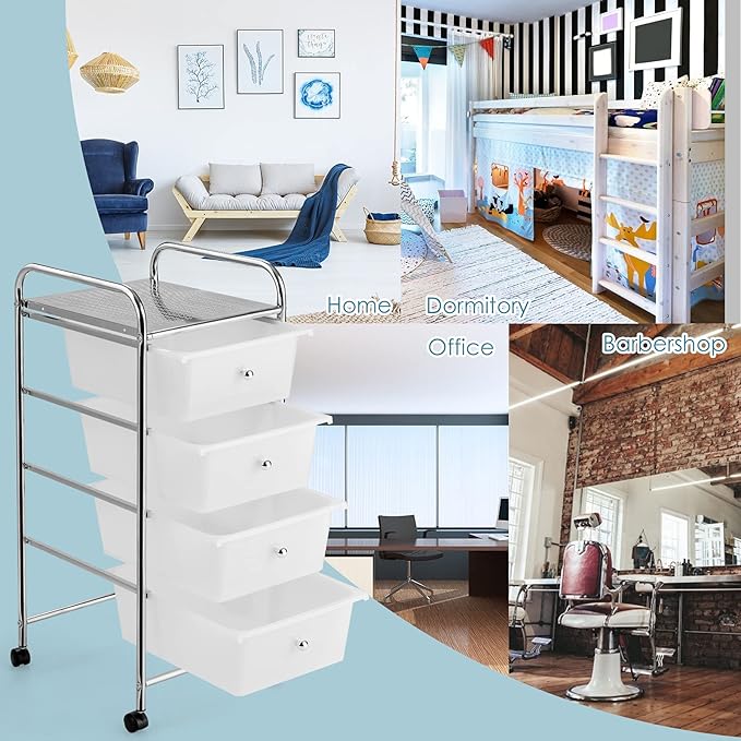 Giantex Rolling Cart with Drawers, Craft Organizer with Wheels, 4 Drawer Storage Container Bins for Home School Office Scrapbook Paper Tools, Clear White