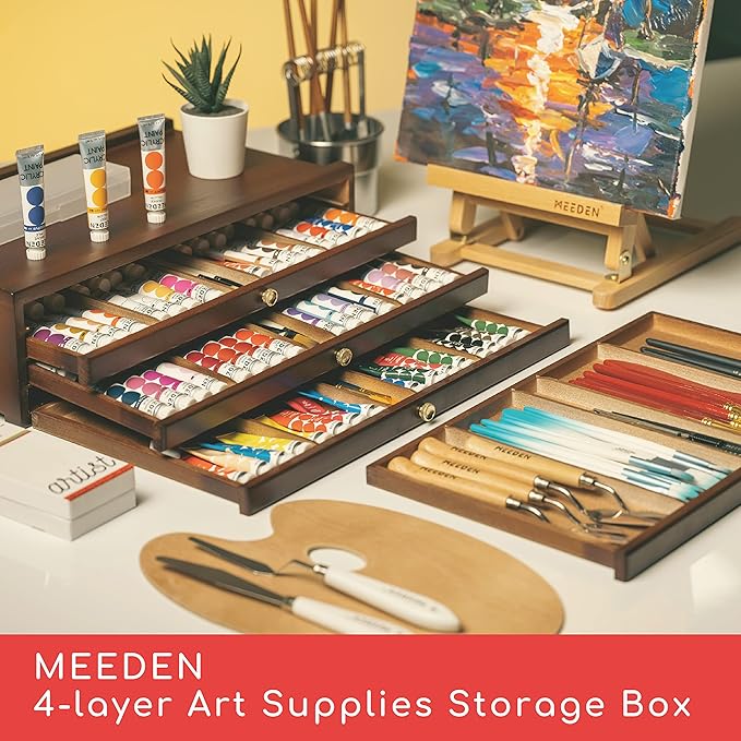 MEEDEN 4-Drawer Art Supply Storage Box - Large Capacity Multi-Function Beech-Wood Pencil Box with Drawer & Compartments for Organizing Pastels, Pencils, Pens, Markers, Brushes & Stamp, Walnut