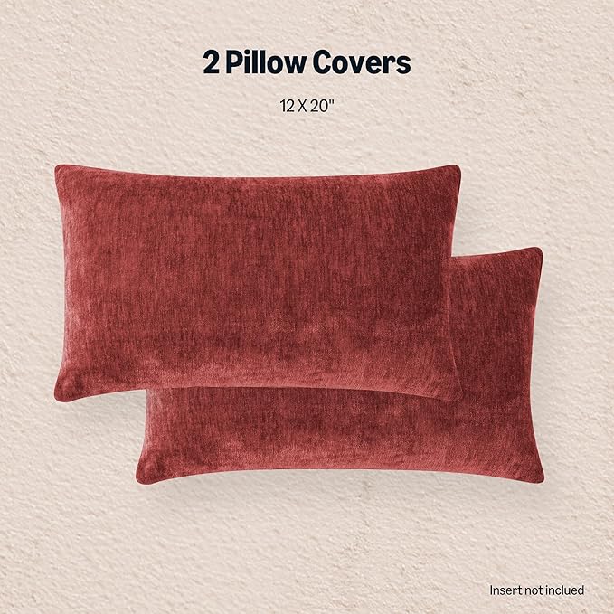 Amazon Basics Chenille Throw Pillow Covers, Home Decor Lumbar Cushion Cover for Bedroom Living Room Couch Bed, 12" W × 20" L, Burgundy