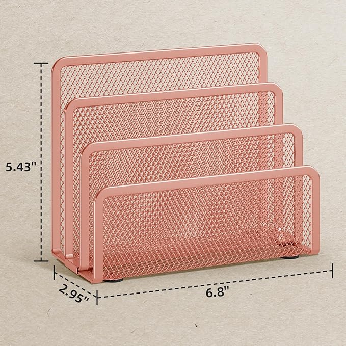 Marbrasse Mail Organizer for Desk, 3-Slot Mesh Metal Mail Holder countertop, Letter Holder, Office Desktop Envelope and Document Storage Rack (Rose Gold)