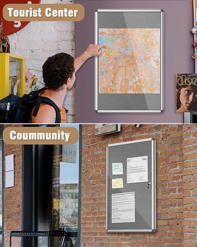 Mifuro 36"x24" Enclosed Bulletin Board, Lockable Weather-Resistant Aluminum Cork Noticeboard for School & Office, Silver Frame w/Grey Flet